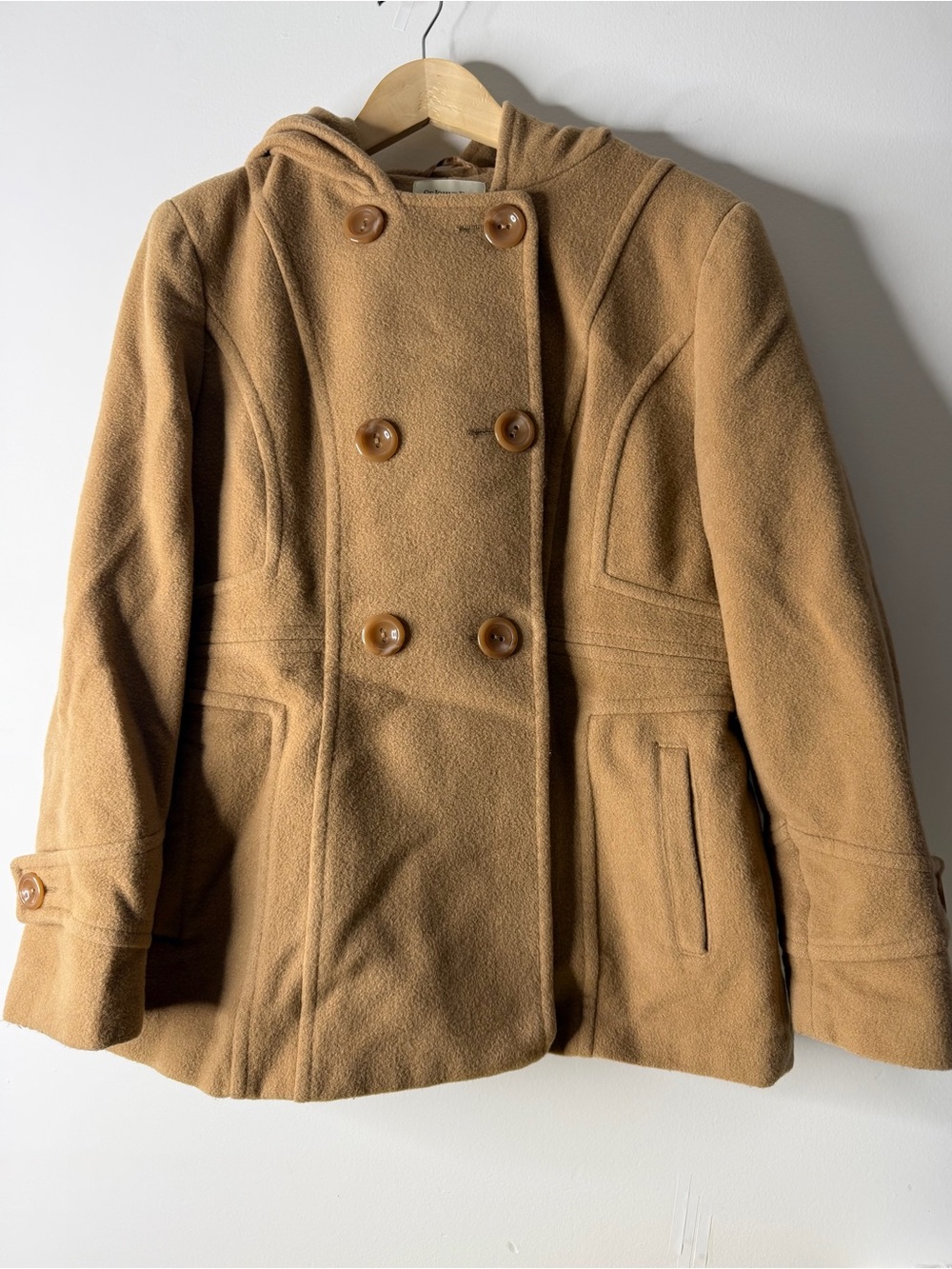 St. John's Bay Double-Breasted Hooded Pea Coat in Camel
